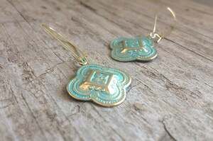 LAST PAIR! Moroccan quatrefoil earrings. Bohemian golden brass with turquoise pa